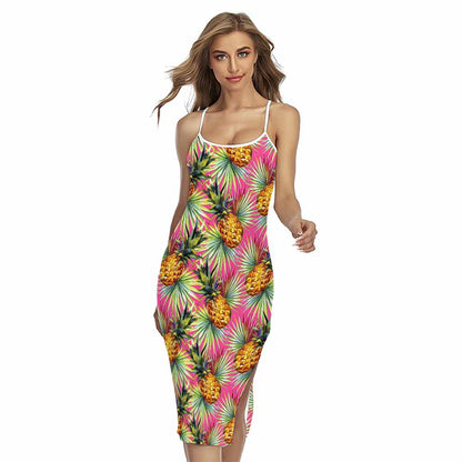 Pink Watercolor Pineapple Pattern Print Cross Back Cami Dress