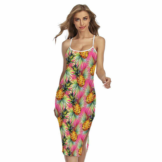 Pink Watercolor Pineapple Pattern Print Cross Back Cami Dress