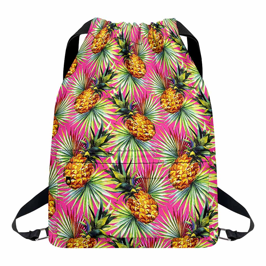 Pink Watercolor Pineapple Pattern Print Drawstring Backpack