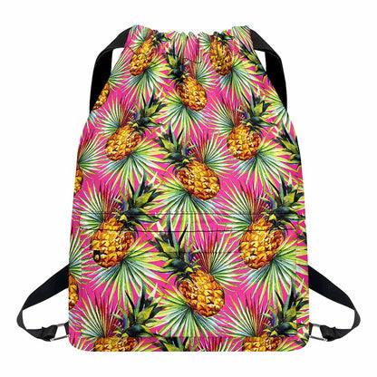 Pink Watercolor Pineapple Pattern Print Drawstring Backpack