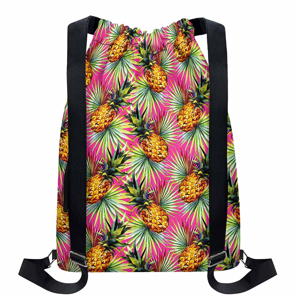 Pink Watercolor Pineapple Pattern Print Drawstring Backpack