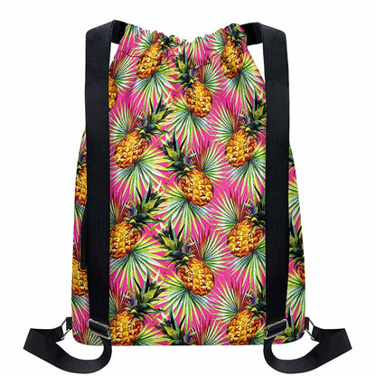 Pink Watercolor Pineapple Pattern Print Drawstring Backpack
