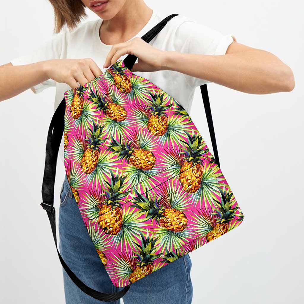 Pink Watercolor Pineapple Pattern Print Drawstring Backpack