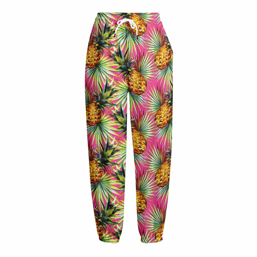 Pink Watercolor Pineapple Pattern Print Fleece Lined Knit Pants