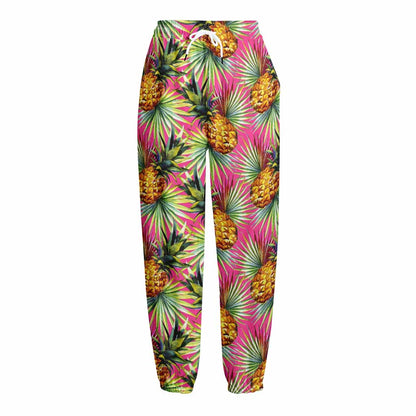 Pink Watercolor Pineapple Pattern Print Fleece Lined Knit Pants