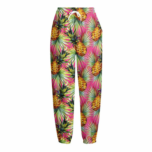 Pink Watercolor Pineapple Pattern Print Fleece Lined Knit Pants