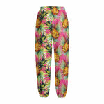 Pink Watercolor Pineapple Pattern Print Fleece Lined Knit Pants