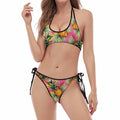 Pink Watercolor Pineapple Pattern Print Halter Scoop Tie Side Bikini