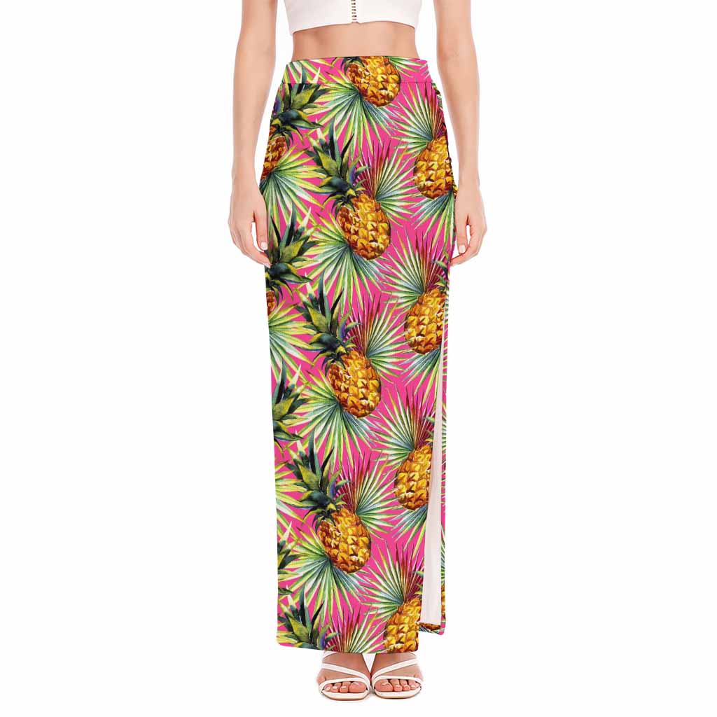 Pink Watercolor Pineapple Pattern Print High Slit Maxi Skirt