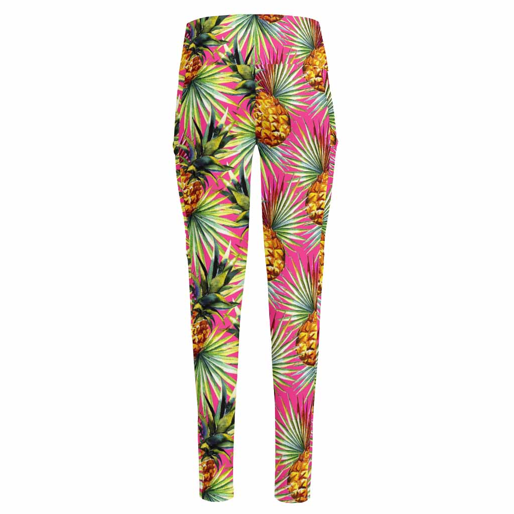 Pink Watercolor Pineapple Pattern Print High-Waisted Pocket Leggings