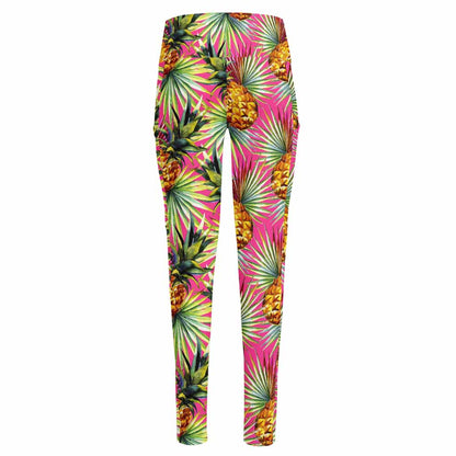 Pink Watercolor Pineapple Pattern Print High-Waisted Pocket Leggings