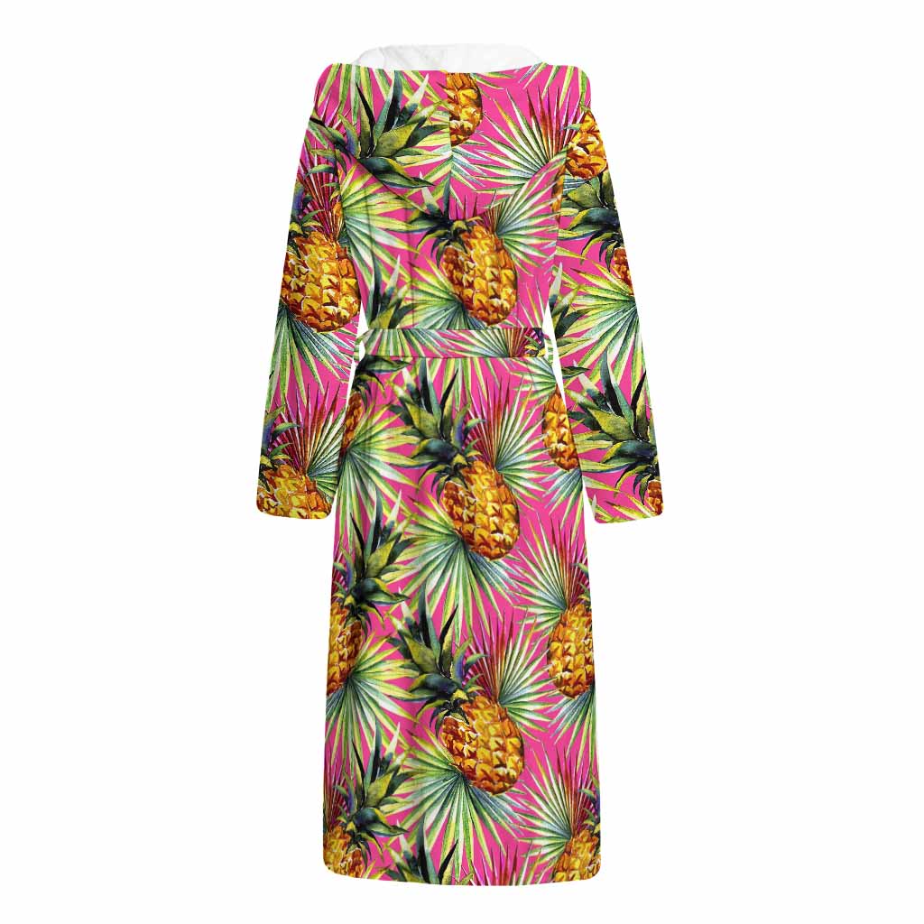 Pink Watercolor Pineapple Pattern Print Hooded Bathrobe