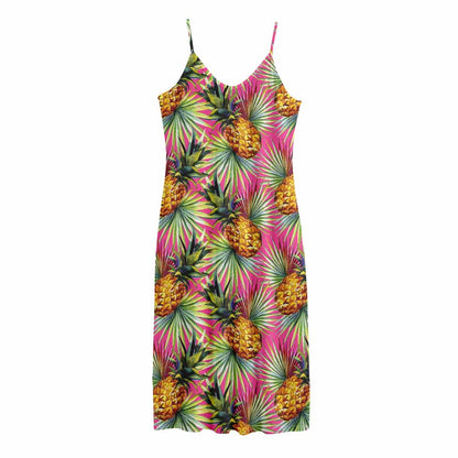 Pink Watercolor Pineapple Pattern Print Jersey Midi Cami Dress