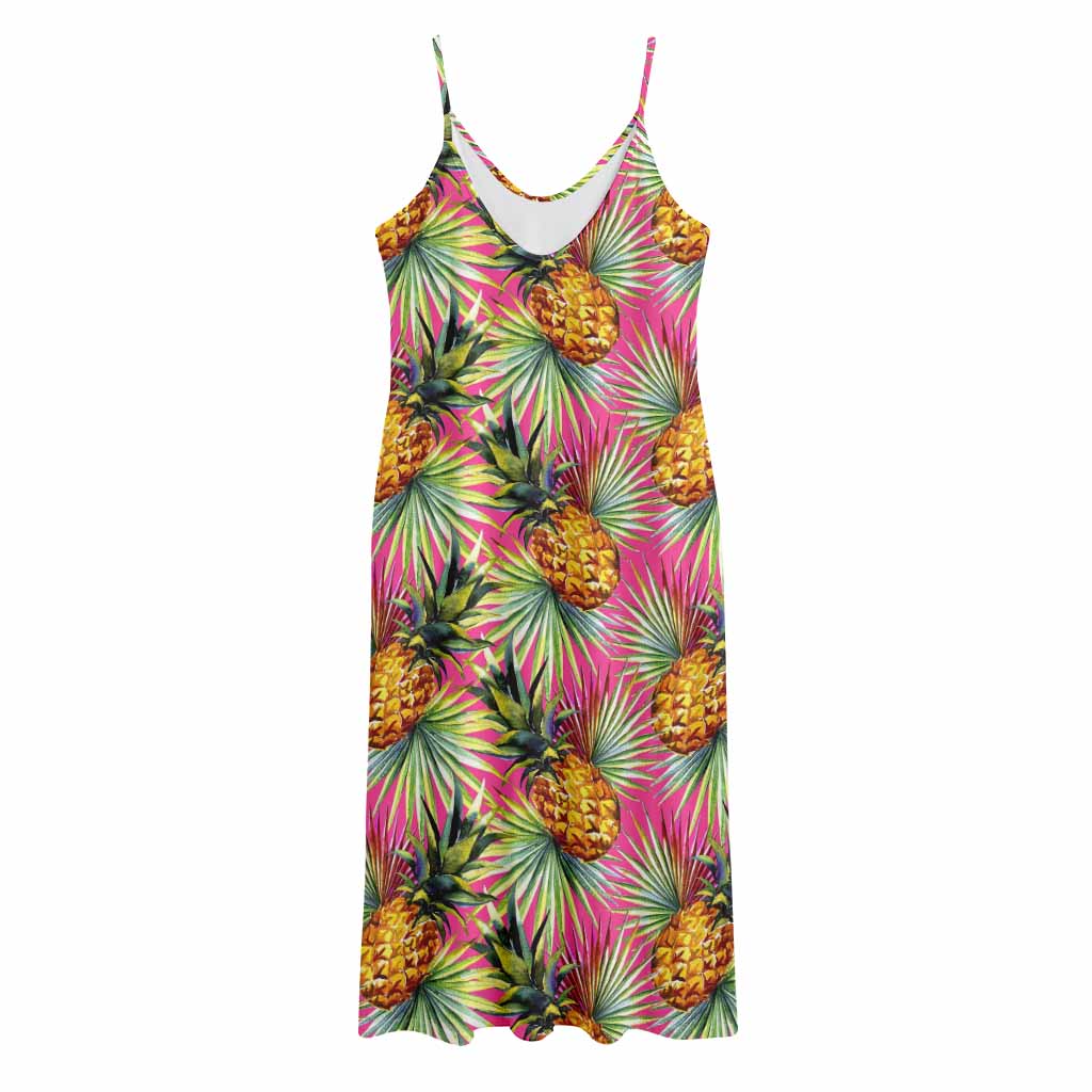 Pink Watercolor Pineapple Pattern Print Jersey Midi Cami Dress
