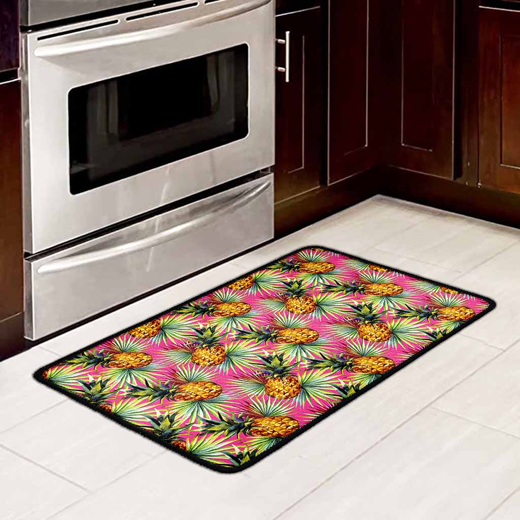 Pink Watercolor Pineapple Pattern Print Kitchen Mat