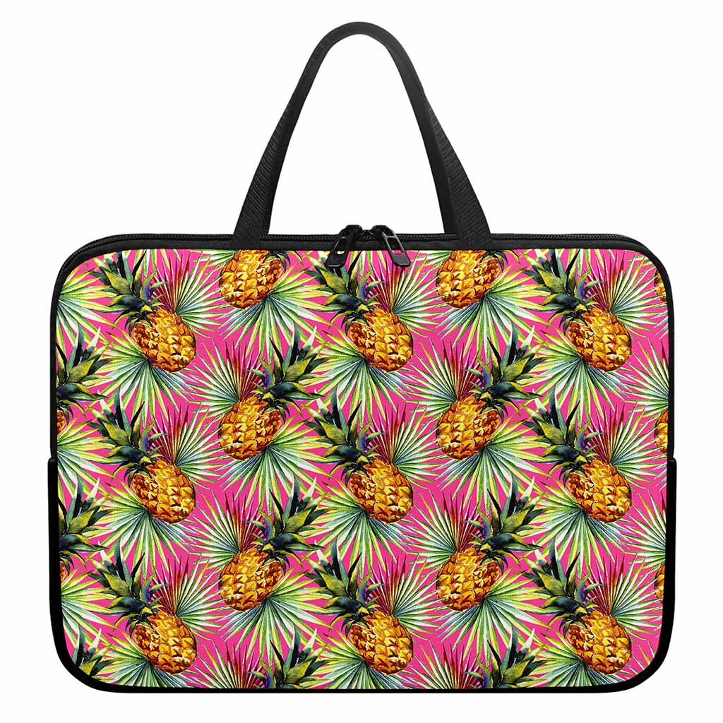 Pink Watercolor Pineapple Pattern Print Laptop Sleeve With Handle