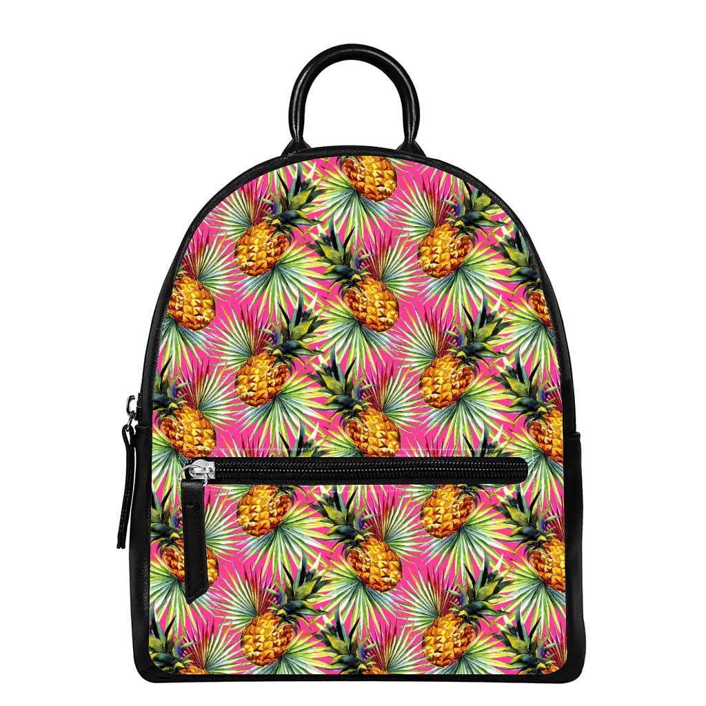 Pink Watercolor Pineapple Pattern Print Leather Backpack