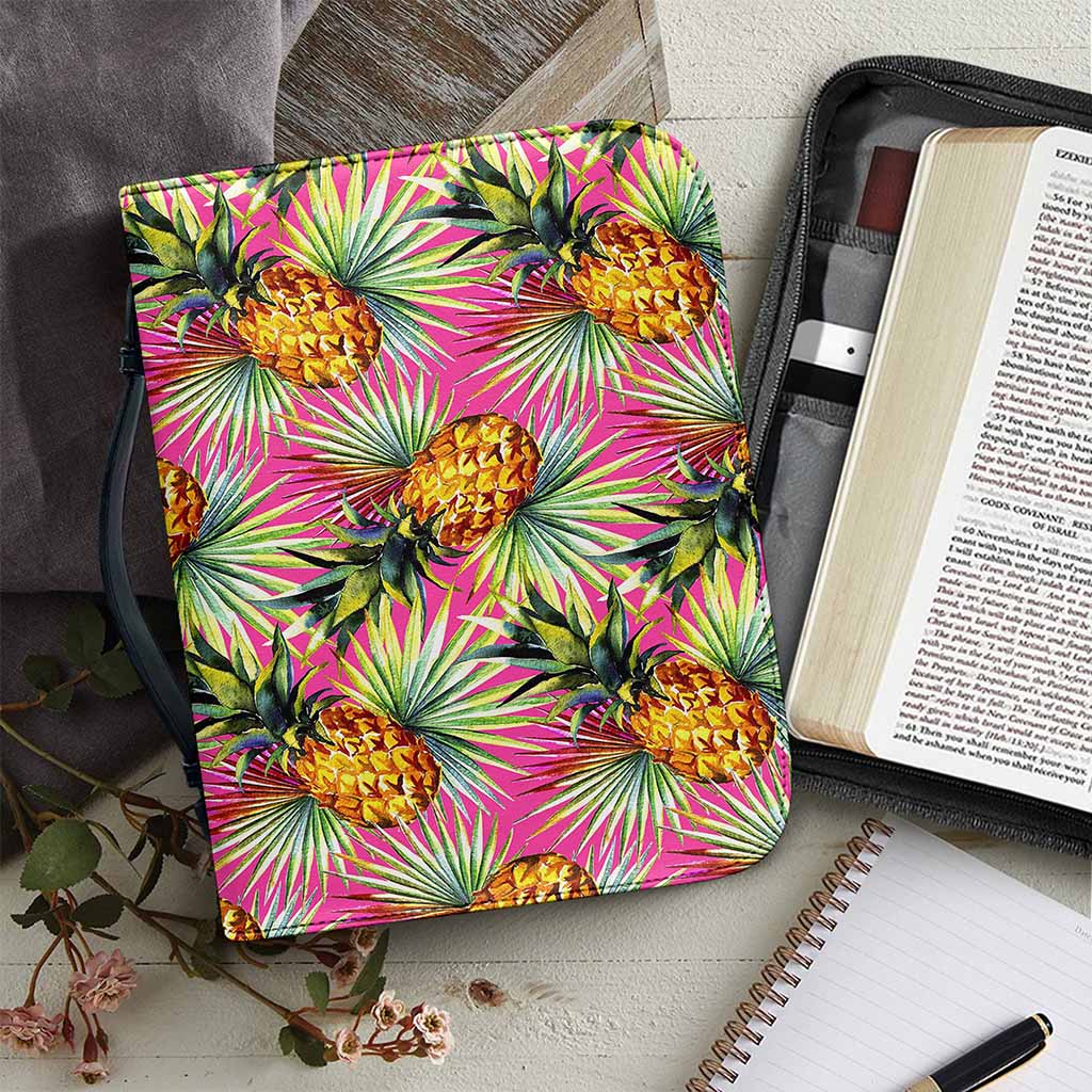 Pink Watercolor Pineapple Pattern Print Leather Bible Cover