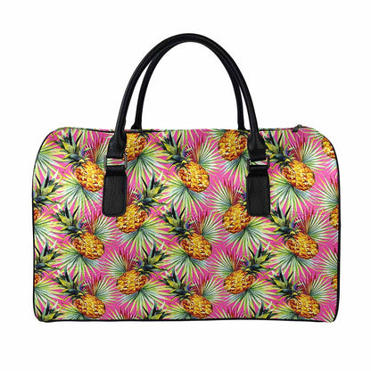 Pink Watercolor Pineapple Pattern Print Leather Duffle Bag