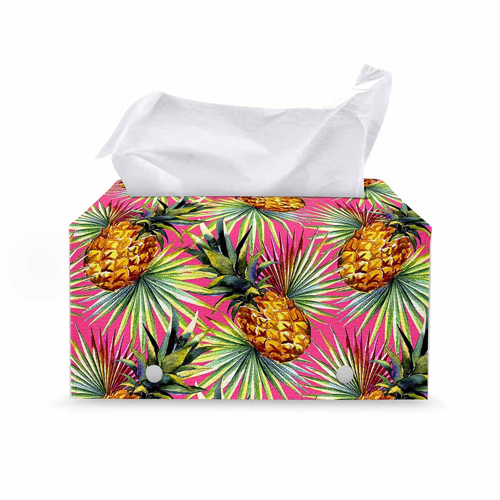Pink Watercolor Pineapple Pattern Print Leather Tissue Box Cover