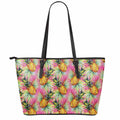 Pink Watercolor Pineapple Pattern Print Leather Tote Bag With Zipper