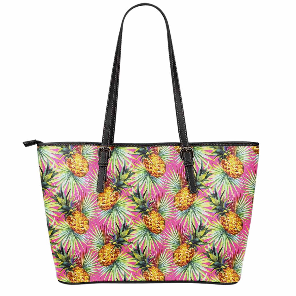 Pink Watercolor Pineapple Pattern Print Leather Tote Bag