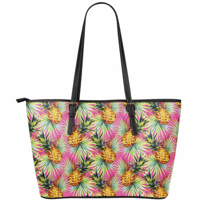 Pink Watercolor Pineapple Pattern Print Leather Tote Bag