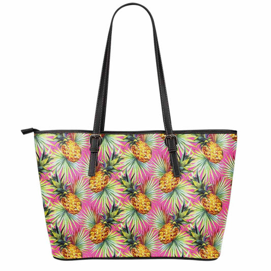 Pink Watercolor Pineapple Pattern Print Leather Tote Bag