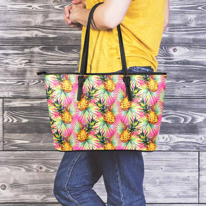 Pink Watercolor Pineapple Pattern Print Leather Tote Bag
