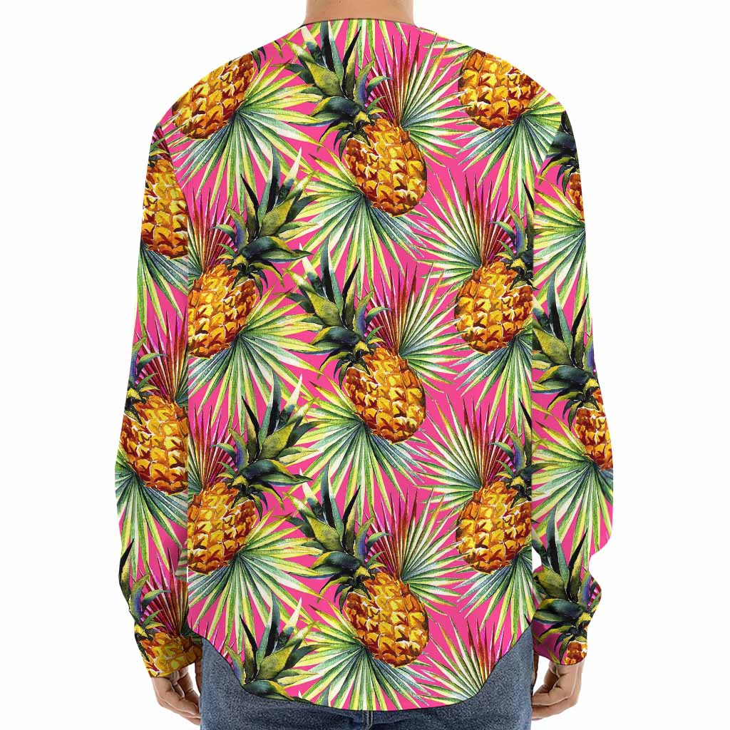 Pink Watercolor Pineapple Pattern Print Long Sleeve Baseball Jersey