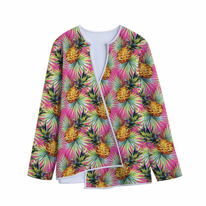 Pink Watercolor Pineapple Pattern Print Long Sleeve Short Coat