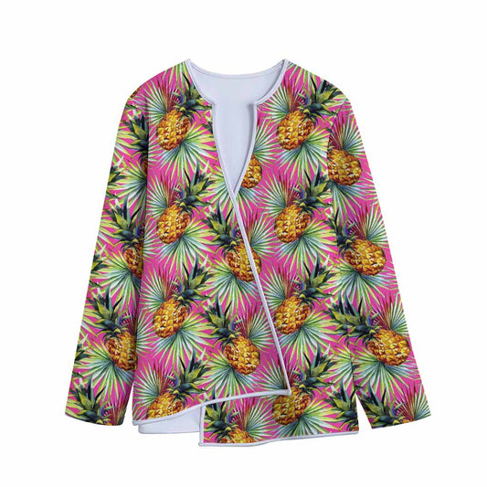 Pink Watercolor Pineapple Pattern Print Long Sleeve Short Coat