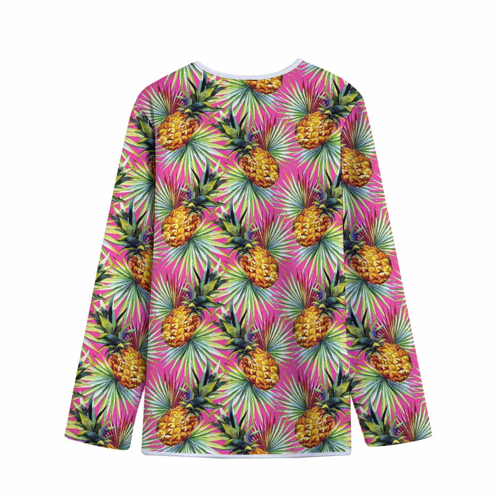 Pink Watercolor Pineapple Pattern Print Long Sleeve Short Coat