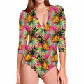 Pink Watercolor Pineapple Pattern Print Long Sleeve Swimsuit