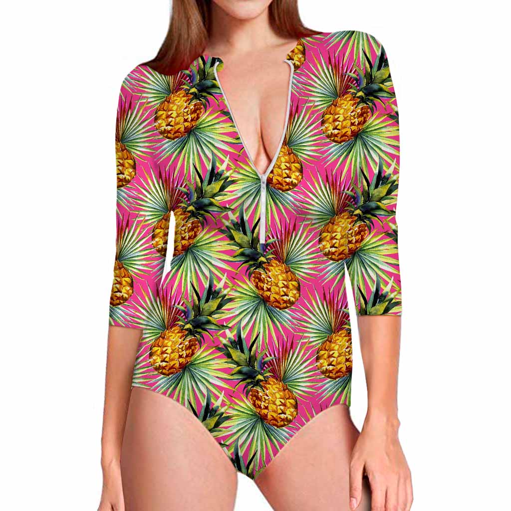 Pink Watercolor Pineapple Pattern Print Long Sleeve Swimsuit