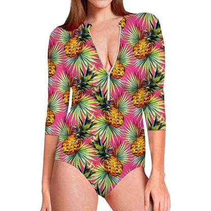 Pink Watercolor Pineapple Pattern Print Long Sleeve Swimsuit