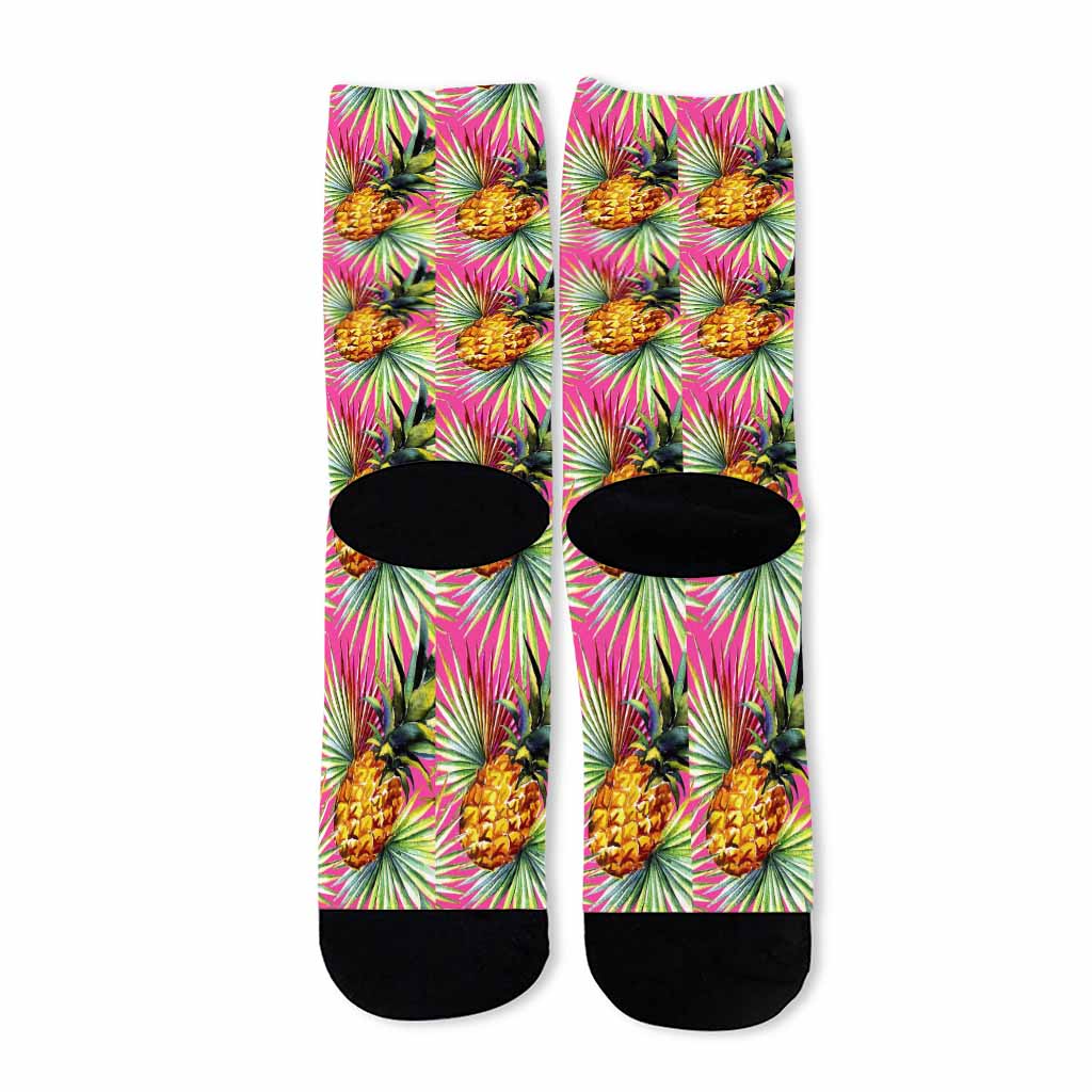 Pink Watercolor Pineapple Pattern Print Long Socks