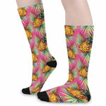 Pink Watercolor Pineapple Pattern Print Long Socks
