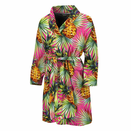 Pink Watercolor Pineapple Pattern Print Men's Bathrobe
