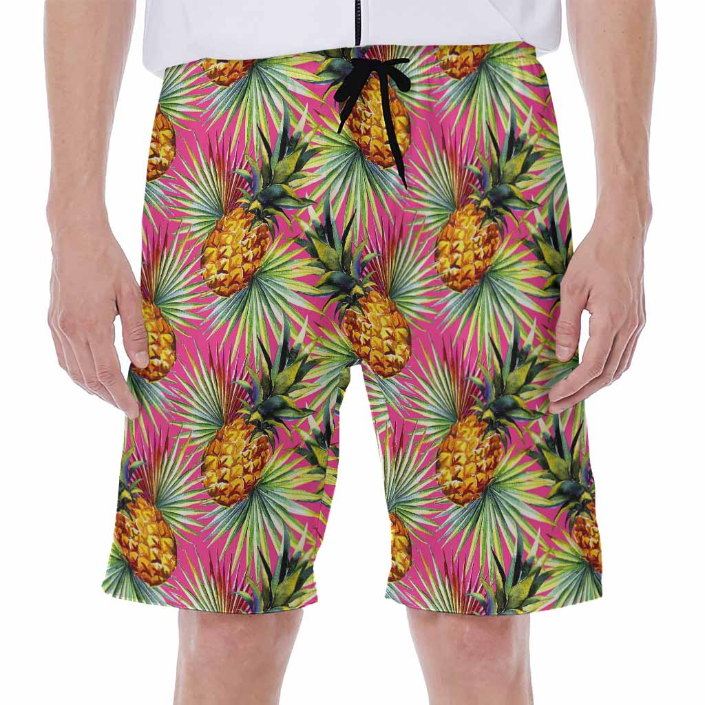 Pink Watercolor Pineapple Pattern Print Men's Beach Shorts