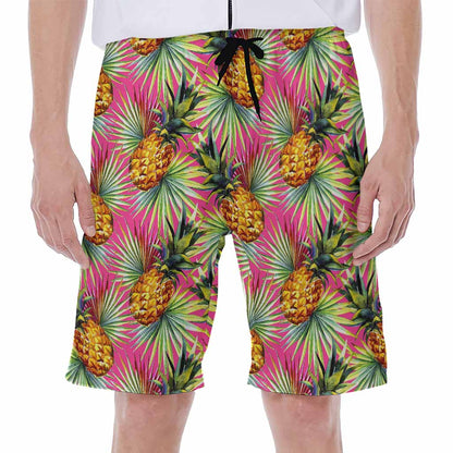 Pink Watercolor Pineapple Pattern Print Men's Beach Shorts