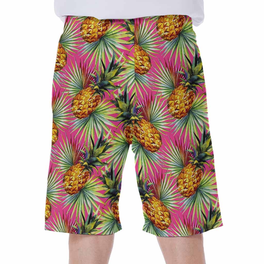 Pink Watercolor Pineapple Pattern Print Men's Beach Shorts
