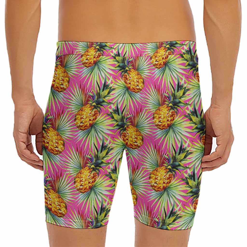 Pink Watercolor Pineapple Pattern Print Men's Long Boxer Briefs