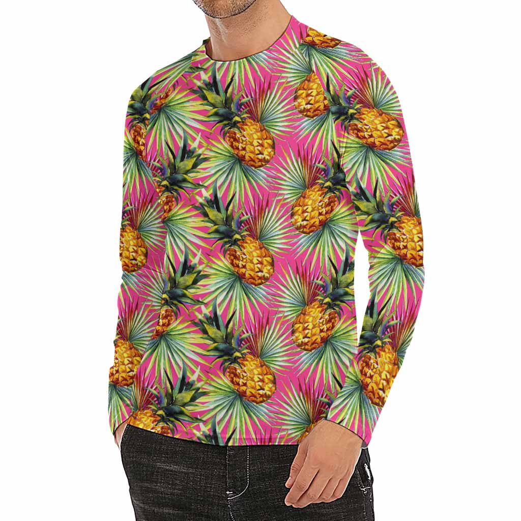 Pink Watercolor Pineapple Pattern Print Men's Long Sleeve Rash Guard