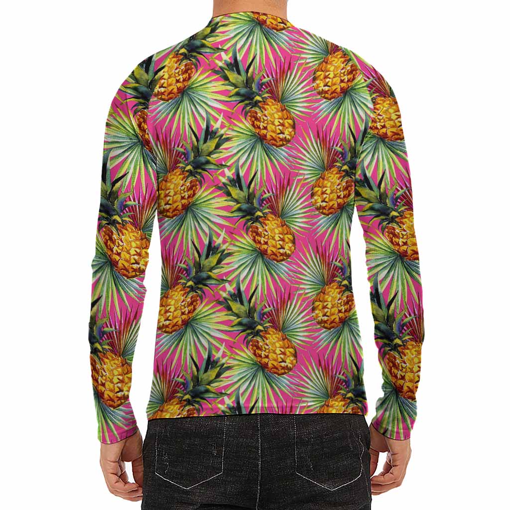 Pink Watercolor Pineapple Pattern Print Men's Long Sleeve Rash Guard