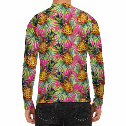 Pink Watercolor Pineapple Pattern Print Men's Long Sleeve Rash Guard