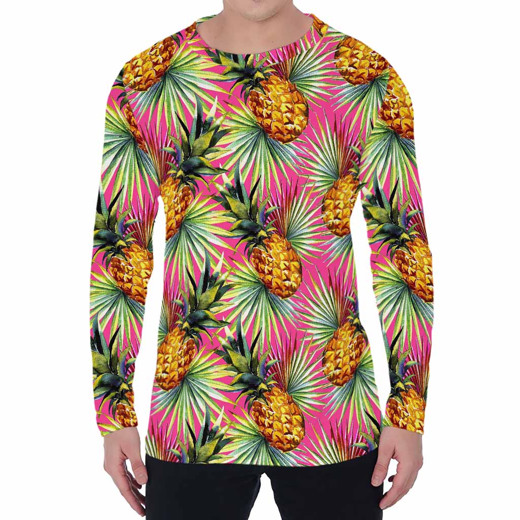 Pink Watercolor Pineapple Pattern Print Men's Long Sleeve T-Shirt