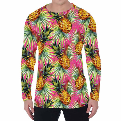 Pink Watercolor Pineapple Pattern Print Men's Long Sleeve T-Shirt