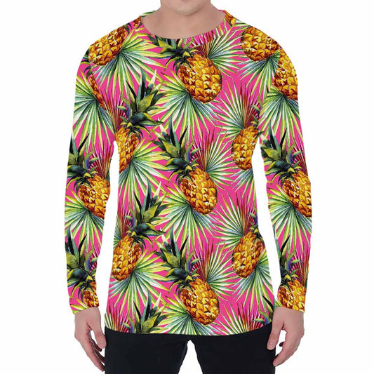 Pink Watercolor Pineapple Pattern Print Men's Long Sleeve T-Shirt