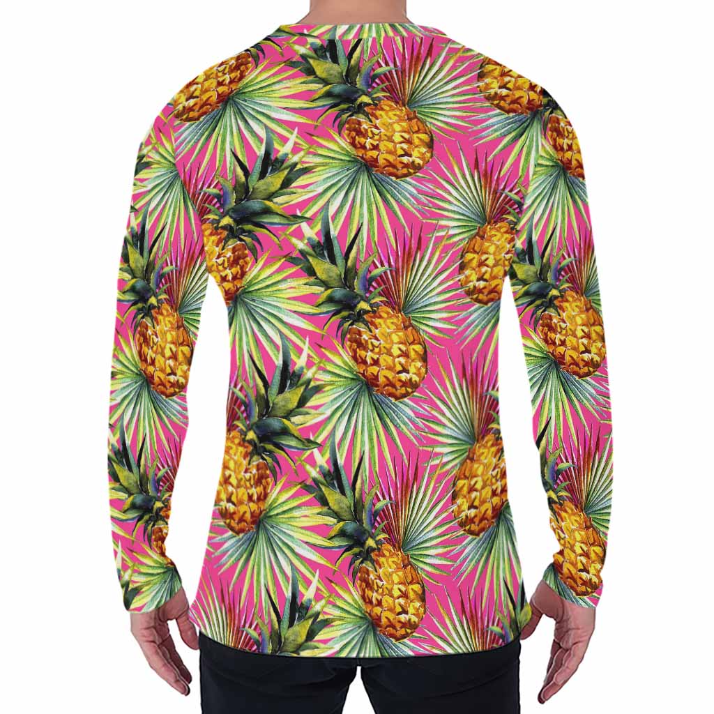 Pink Watercolor Pineapple Pattern Print Men's Long Sleeve T-Shirt